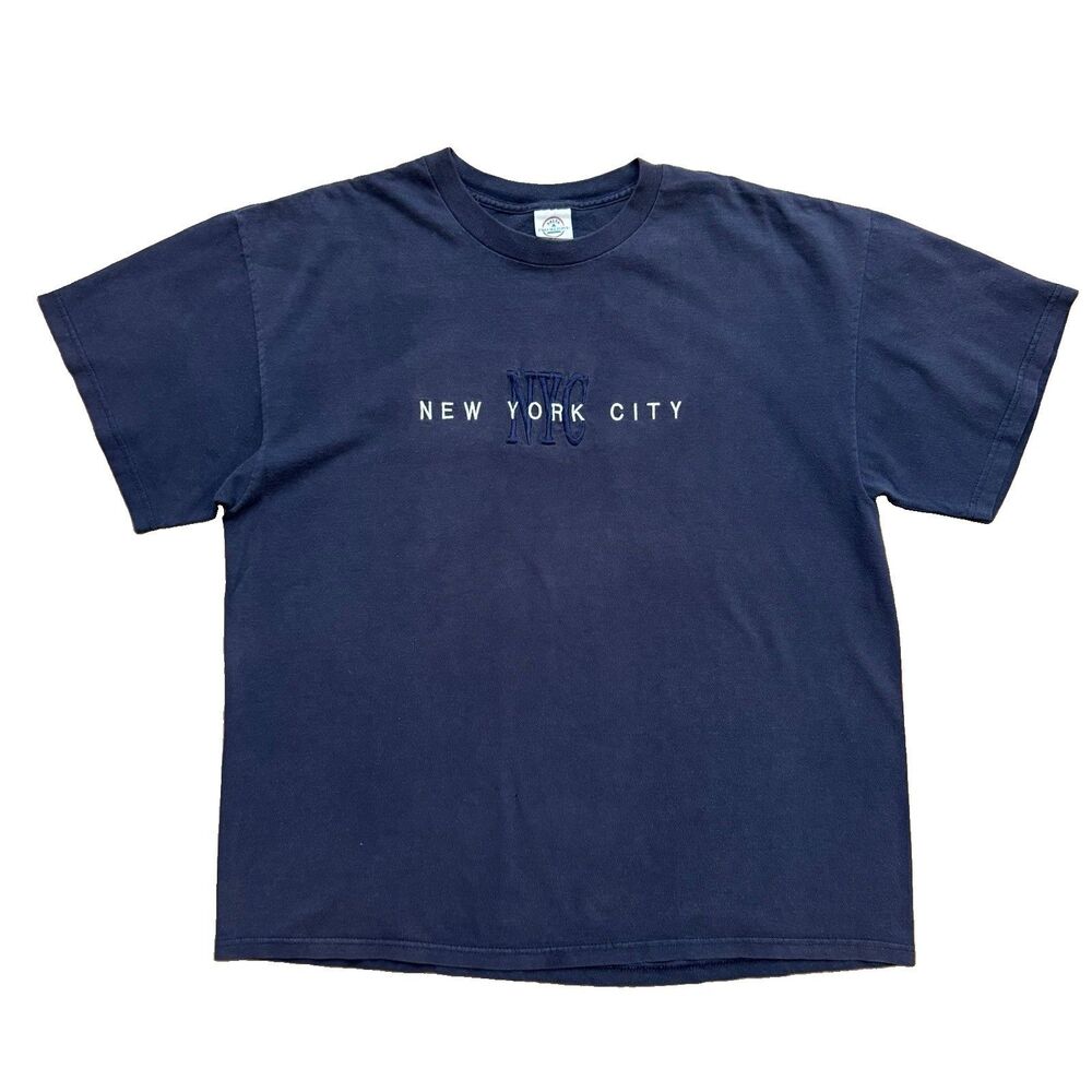 Vintage 90s New York NYC Embroidered Logo T-shirt Size XL Navy Faded